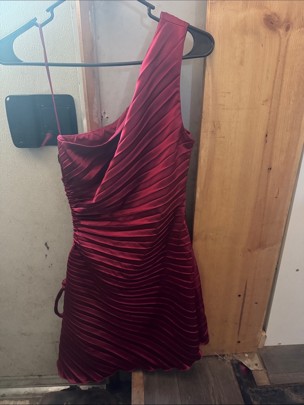 Lena One-Shoulder Wine Red Pleated Satin Dress